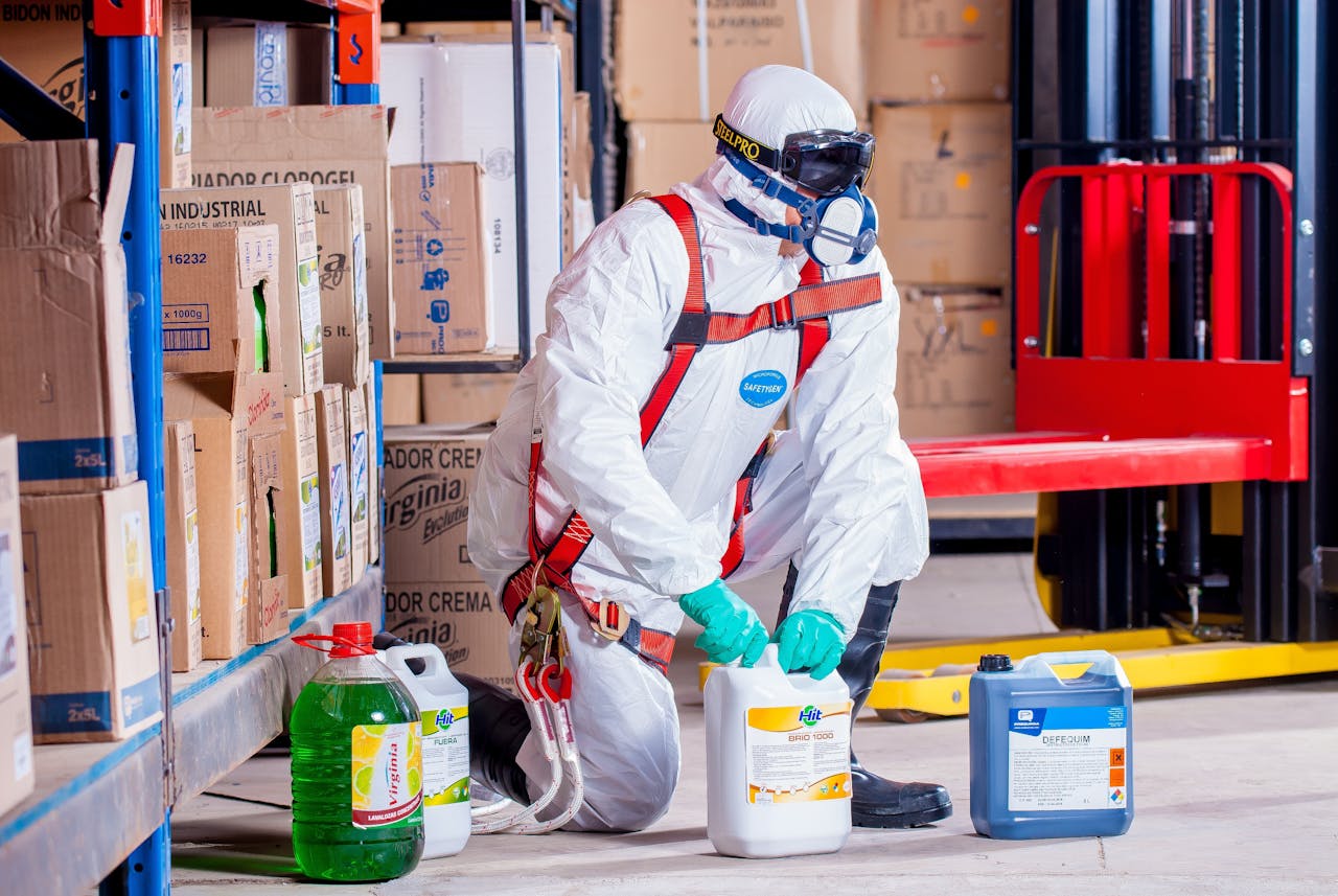 why-choose-us Industrial worker in protective gear handling chemicals in a warehouse environment.